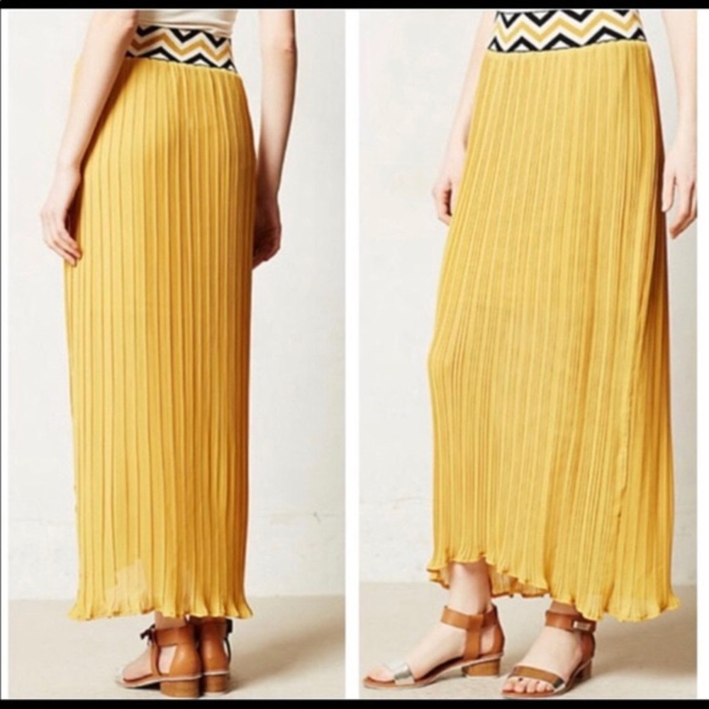Anthropologie Pleated Mustard Yellow Maxi Skirt L